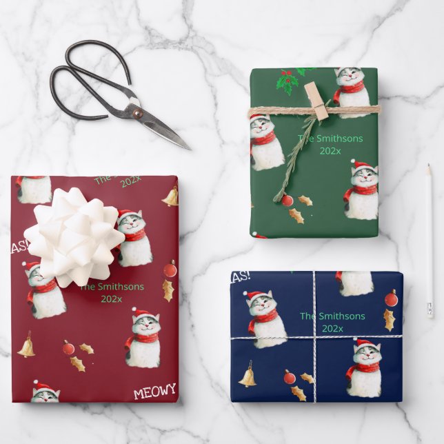 Meowy Cat Festive Personalized Christmas Wrapping Paper Sheet (Front)