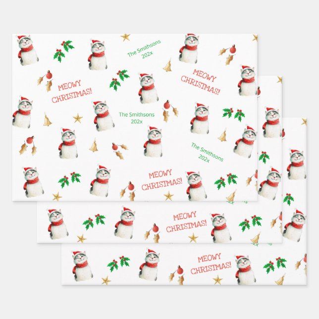 Meowy Cat Personalized Cute Christmas Wrapping Paper Sheet (Set)