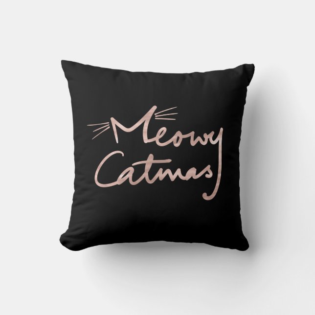 Meowy Catmas Black and Rose Gold Cat Christmas Throw Pillow (Front)
