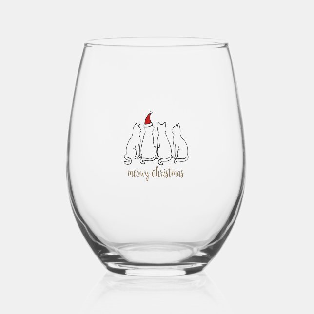 Meowy Catmas Cat Christmas Cute Kitten Cats Santa  Stemless Wine Glass (Front)