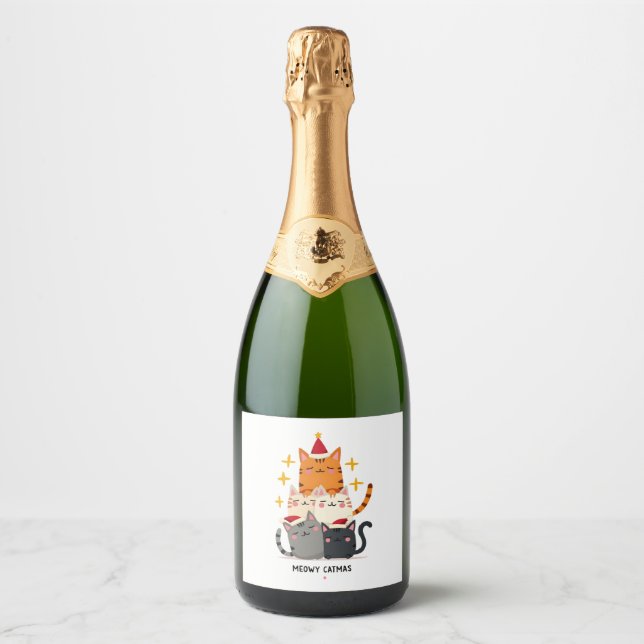 Meowy Catmas Cat Christmas Tree Xmas (3) Sparkling Wine Label (Front)