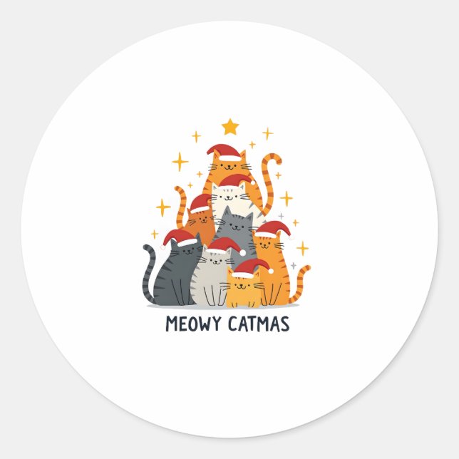 Meowy Catmas Cat Christmas Tree Xmas (4) Classic Round Sticker (Front)