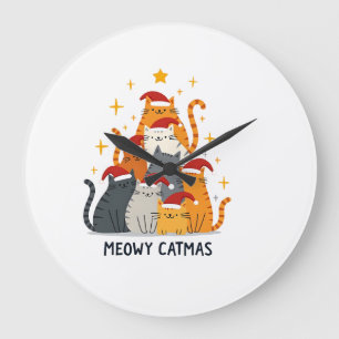 Meowy Catmas Cat Christmas Tree Xmas (4) Large Clock