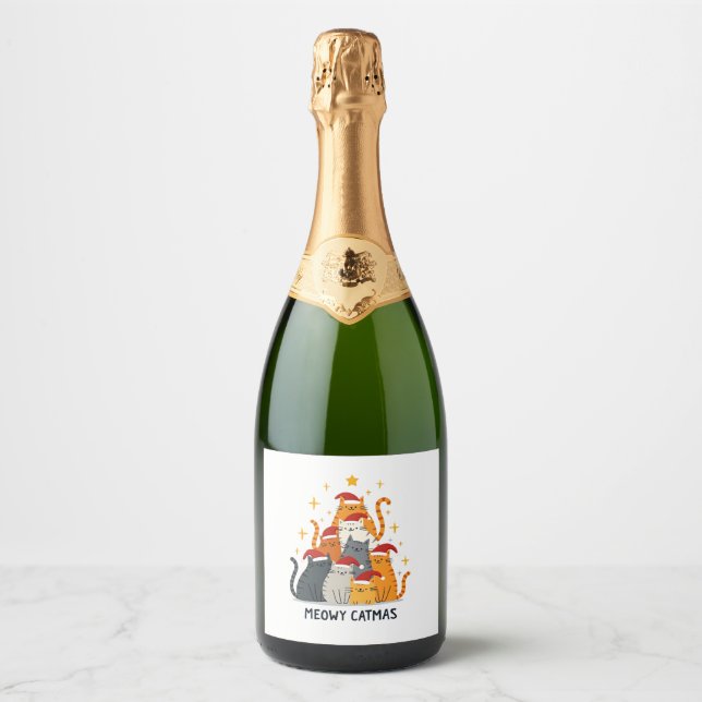 Meowy Catmas Cat Christmas Tree Xmas (4) Sparkling Wine Label (Front)