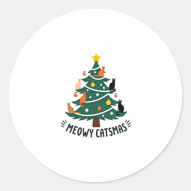 Meowy Catmas Cat Christmas Tree Xmas Funny Santa C Classic Round Sticker (Front)