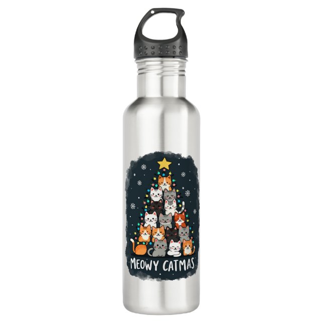 Meowy Catmas Cat Christmas Tree Xmas Girls Boys Fu 710 Ml Water Bottle (Front)