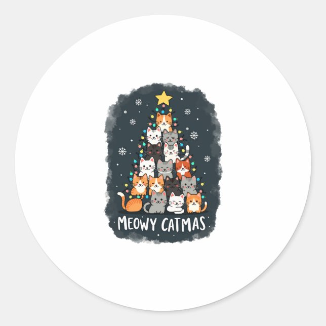 Meowy Catmas Cat Christmas Tree Xmas Girls Boys Fu Classic Round Sticker (Front)
