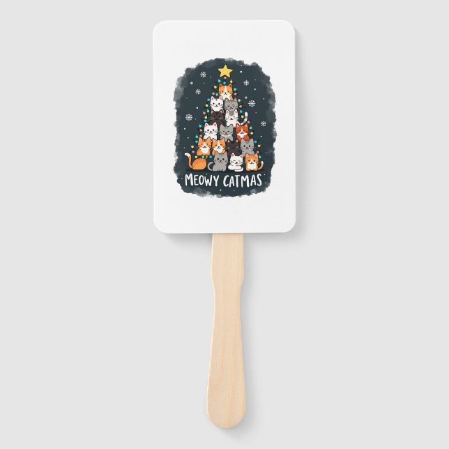 Meowy Catmas Cat Christmas Tree Xmas Girls Boys Fu Hand Fan (Front)