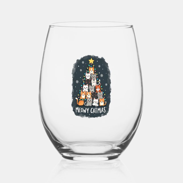Meowy Catmas Cat Christmas Tree Xmas Girls Boys Fu Stemless Wine Glass (Front)