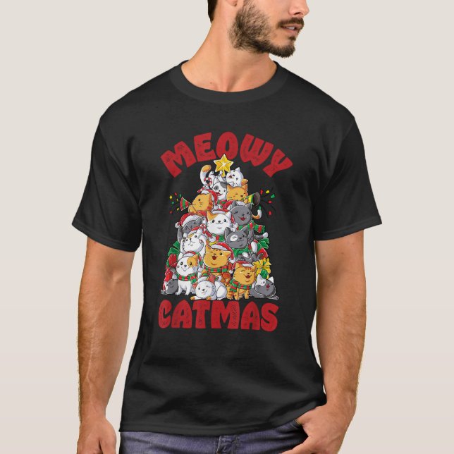 Meowy Catmas Cat Christmas Tree Xmas Girls Boys Fu T-Shirt (Front)