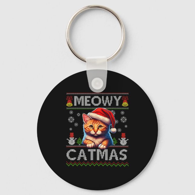 Meowy Catmas Cat Santa Christmas Kitten Xmas Ugly  Keychain (Front)