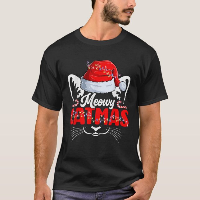 Meowy Catmas Cats Christmas Santa Hat Merry Xmas C T-Shirt (Front)