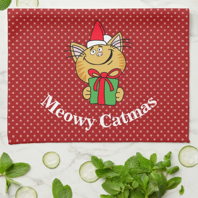 Meowy Catmas Christmas Cat Kitchen Towel (Folded)