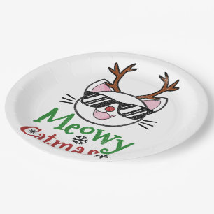 Meowy Catmas Christmas Kitty Cat Red Nose Reindeer Paper Plate