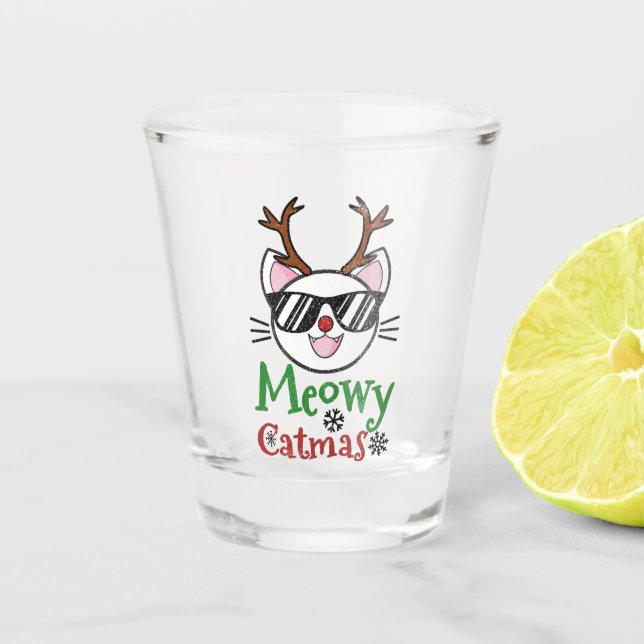 Meowy Catmas Christmas Kitty Cat Red Nose Reindeer Shot Glass (Front)