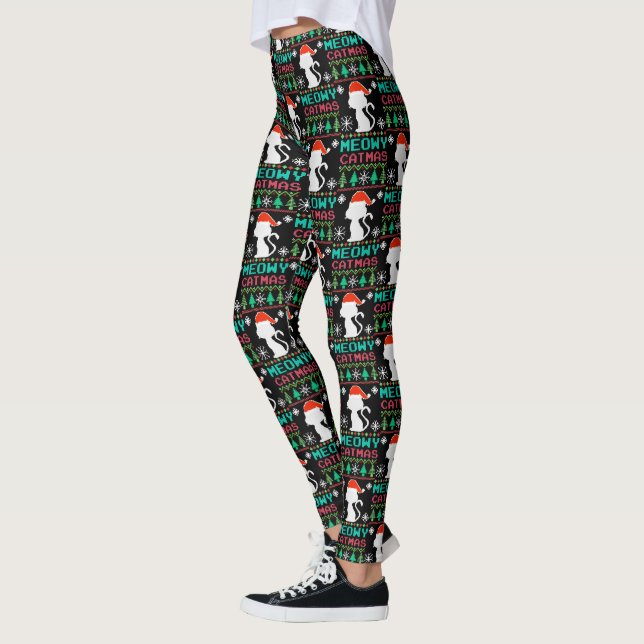 Meowy Catmas Christmas Santa Cat Ugly Sweater Leggings (Left)