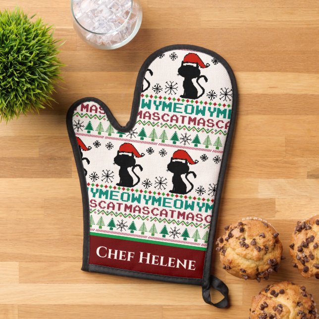 Meowy Catmas Christmas Santa Cat Ugly Sweater Oven Mitt (Top down)