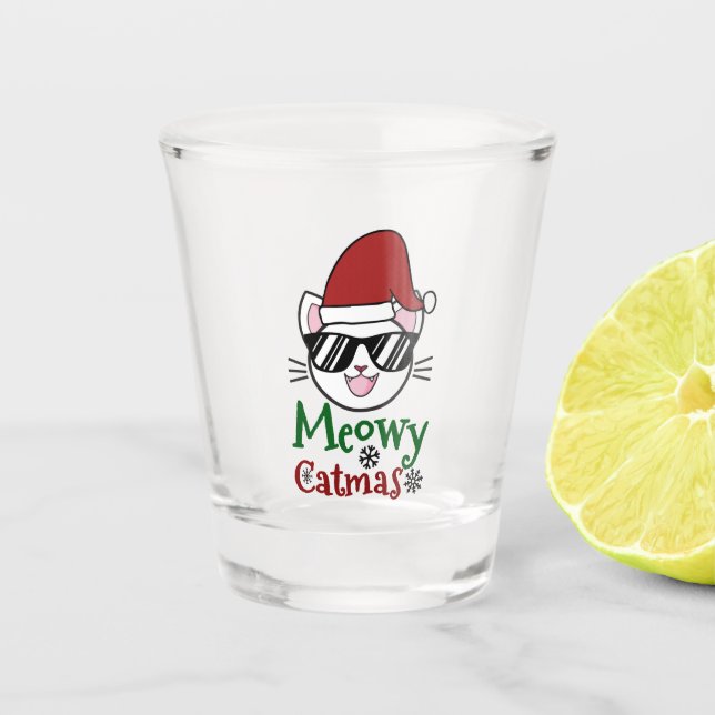Meowy Catmas Christmas Santa Cat With Sunglasses Shot Glass (Front)