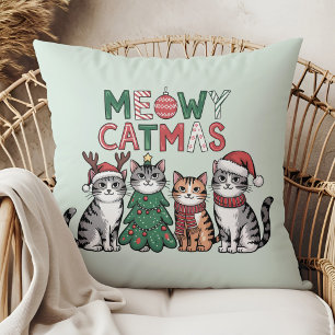 Meowy Catmas Cute Christmas Cats - Holiday Decor Throw Pillow