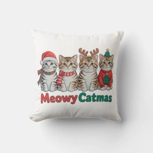 Meowy Catmas Funny Christmas Cats Santa Reindeer Throw Pillow