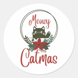 Meowy Catmas, Funny Christmas  Classic Round Sticker