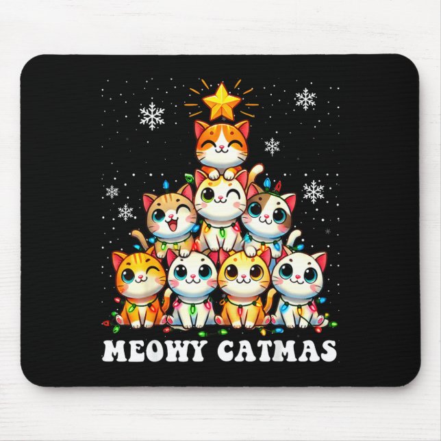 Meowy Catmas Funny Christmas Tree Lights Cute Cat  Mouse Pad (Front)