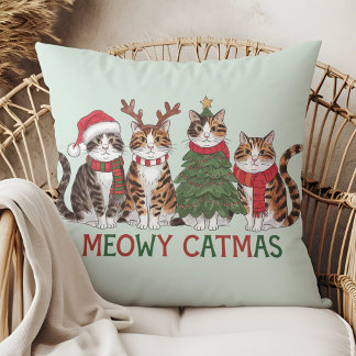 Meowy Catmas Funny Holiday Cats - Christmas Decor  Throw Pillow