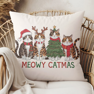 Meowy Catmas Funny Holiday Cats - Christmas Decor Throw Pillow
