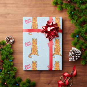 Meowy catmas pun funny orange cat Christmas Wrapping Paper
