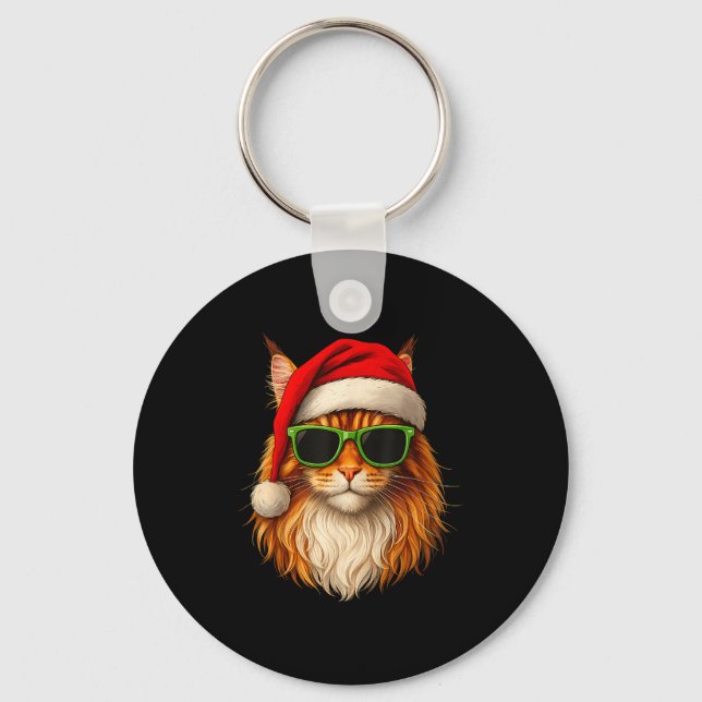 Meowy Catmas Santa Hat Maine Coon Cat Christmas Pa Keychain (Front)
