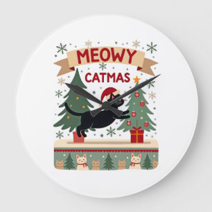 Meowy Catmas, Ugly Christmas Sweater, Cat Christma Large Clock
