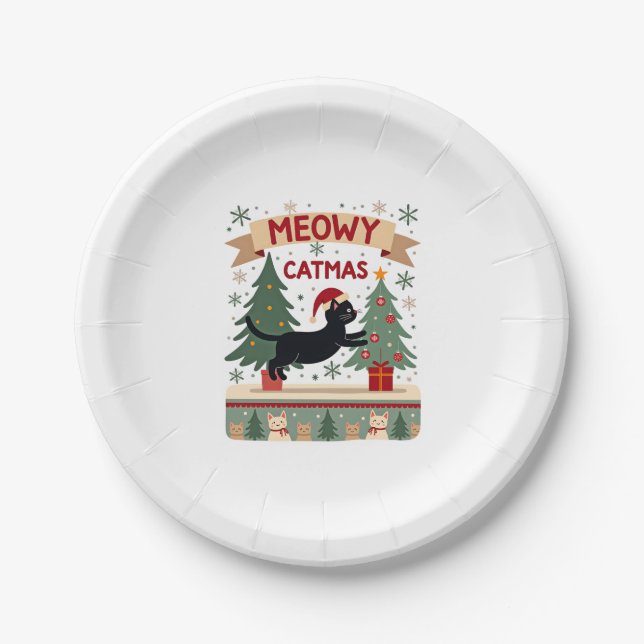Meowy Catmas, Ugly Christmas Sweater, Cat Christma Paper Plate (Front)