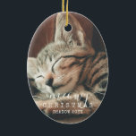 Meowy Christmas 2 Photo Two Cats Rustic Red  Ceram Ceramic Ornament<br><div class="desc">Personalized Oval Photo Ornament with 2 photos of your cats or kittens with "Meowy Christmas" and custom printed names with different photos on each side of a rustic red ceramic ornament with a unique modern farmhouse-inspired typewriter font and elegant script combination.</div>