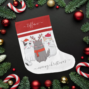 Meowy Christmas 3 Festive Cats Large Christmas Stocking