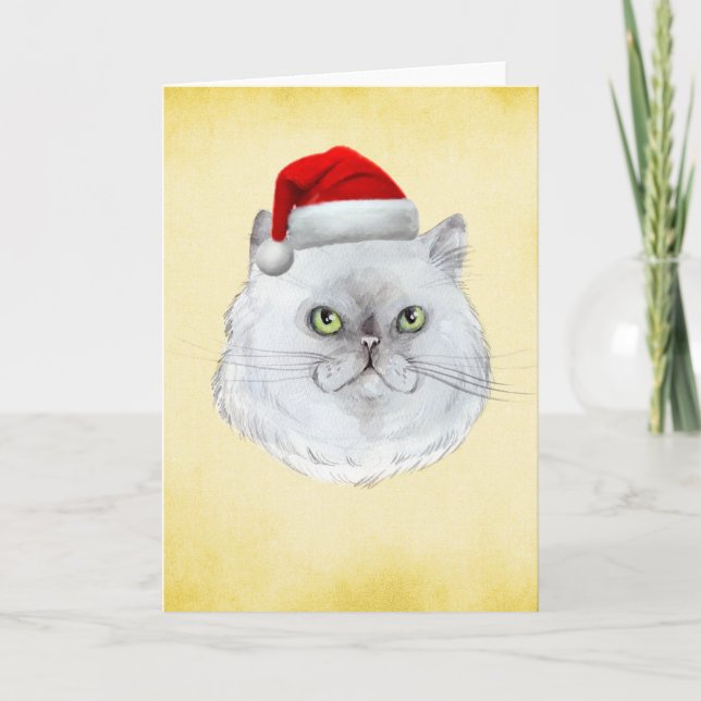 Meowy Christmas! A cute Cat with Santa Hat Holiday Card (Front)