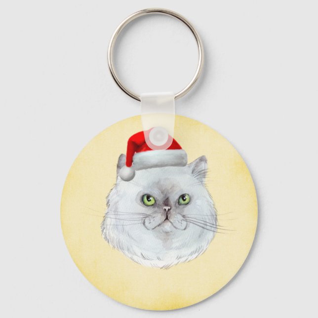 Meowy Christmas! A cute Cat with Santa Hat Keychain (Front)