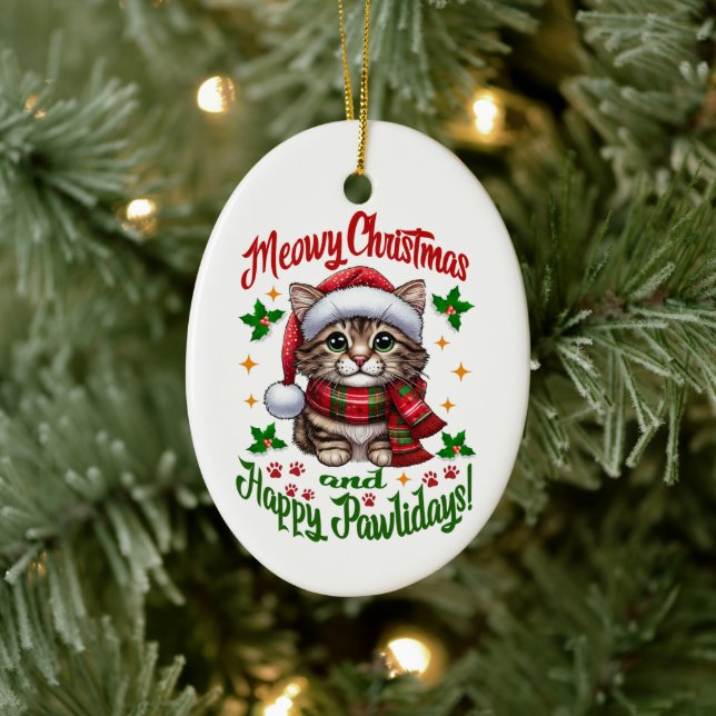 Meowy Christmas And Happy Pawlidays Greetings Ceramic Ornament (Tree)