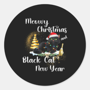 Meowy Christmas Black Cat Funny Santa Hat Happy Ne Classic Round Sticker