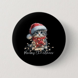 Meowy Christmas Black Cat Lights Santa Hat Funny H 2 Inch Round Button