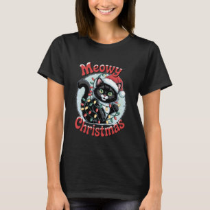 Meowy Christmas Black Cat Tangled in Lights Funny T-Shirt