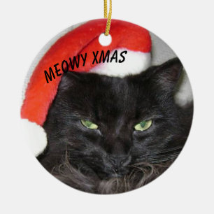 Meowy Christmas Black Cat With Santa Hat Ceramic Ornament