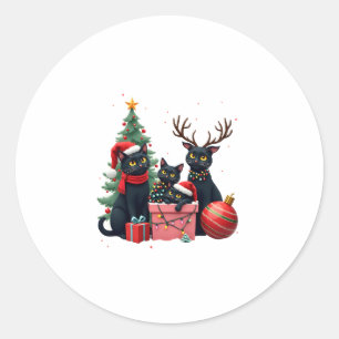Meowy Christmas Black Cats Play Christmas Tree Lig Classic Round Sticker