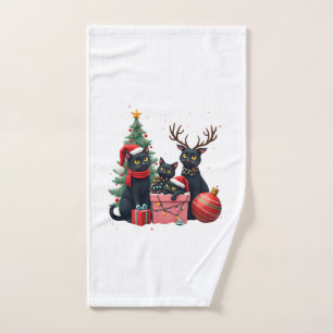 Meowy Christmas Black Cats Play Christmas Tree Lig Hand Towel