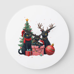 Meowy Christmas Black Cats Play Christmas Tree Lig Large Clock