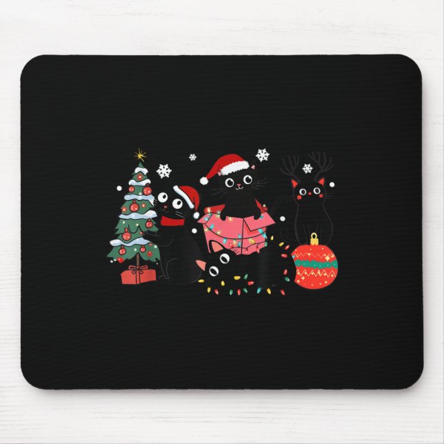 Meowy Christmas Black Cats Play Christmas Tree Lig Mouse Pad (Front)