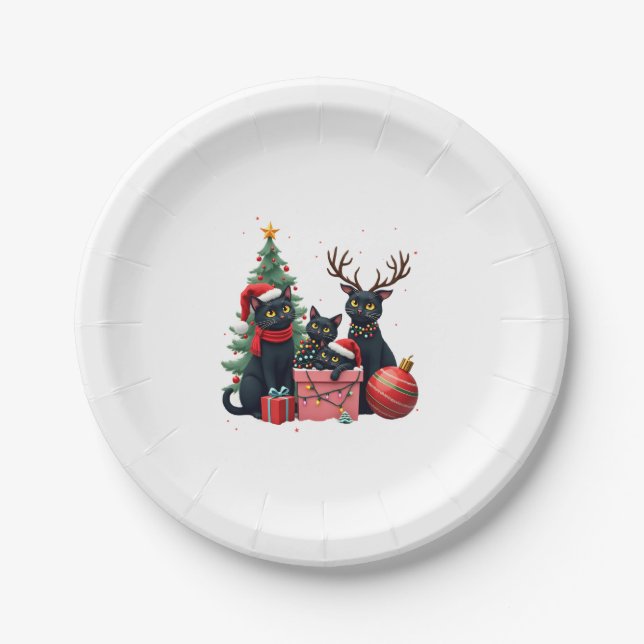 Meowy Christmas Black Cats Play Christmas Tree Lig Paper Plate (Front)