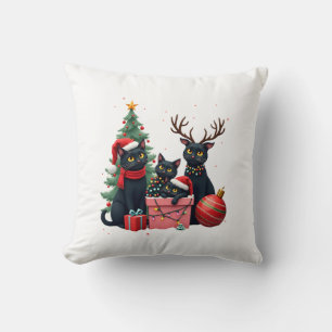 Meowy Christmas Black Cats Play Christmas Tree Lig Throw Pillow