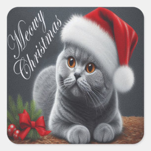 Meowy Christmas British Shorthair Santa Cat Square Sticker