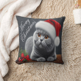 Meowy Christmas British Shorthair Santa Cat Throw Pillow