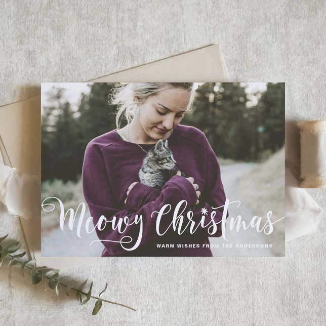 Meowy Christmas Calligraphy Modern Photo Cat Holiday Card (Creator Uploaded)